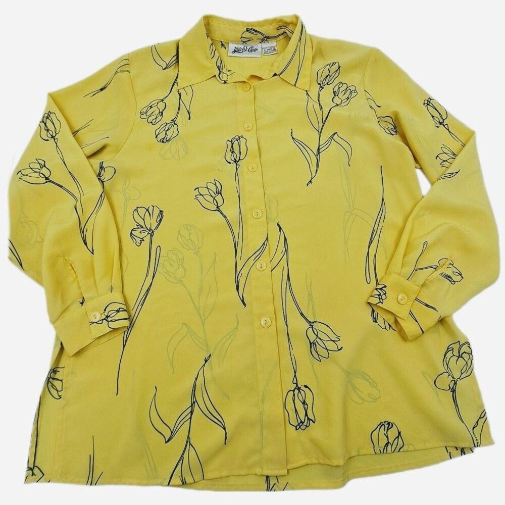 Vintage Yves St Clair Yellow Floral Button Front Shirt Women Med Doodle Flowers